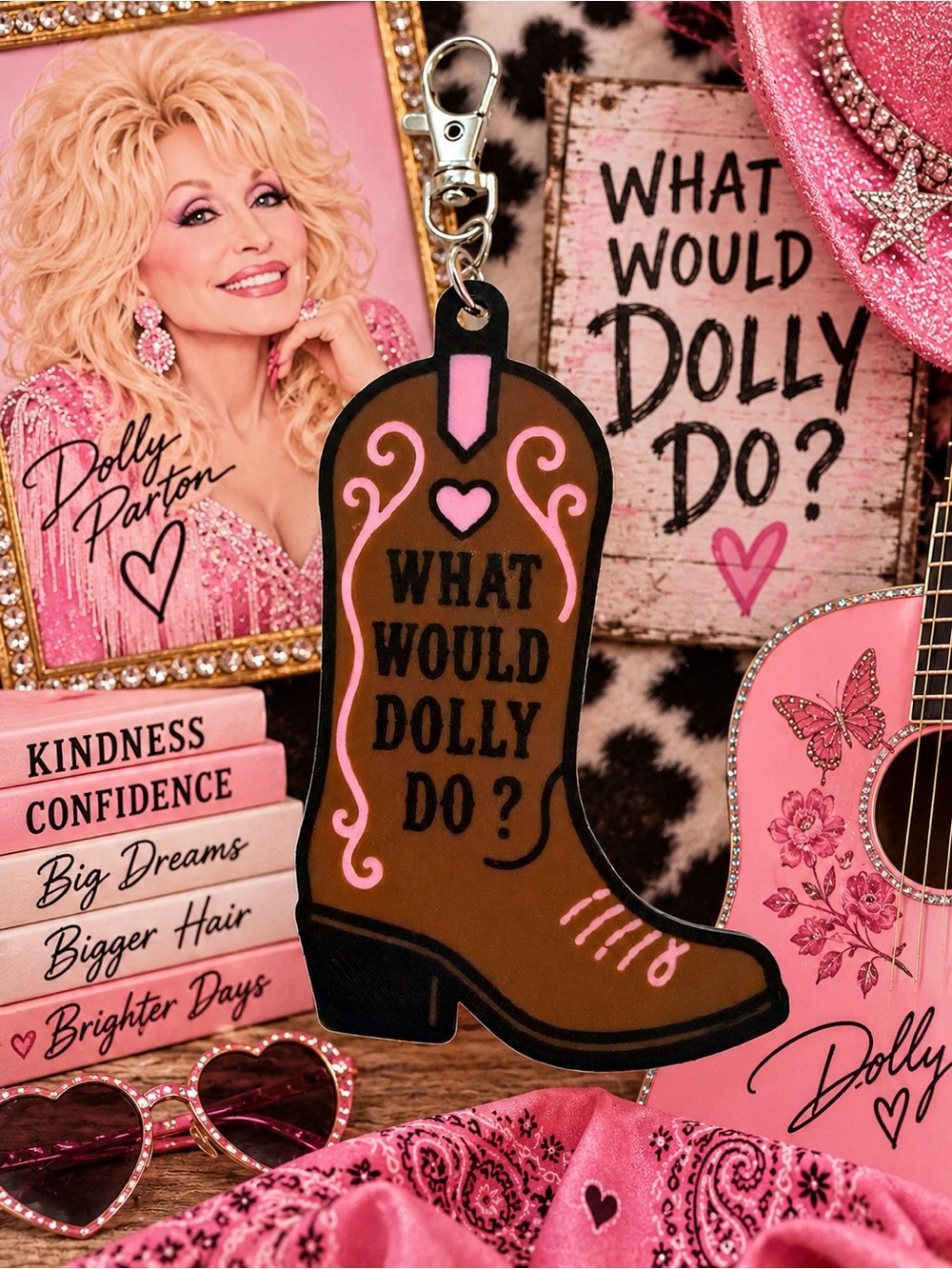 What Would Dolly Do? Brown & Pink Cowboy Boot Keychain -